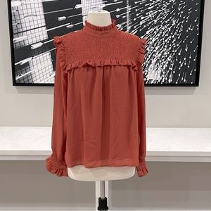 BRAND NEW! Copper/Pumpkin Pleated & Smocked Mock Neck Top w/Smocked Ruffled Cuff